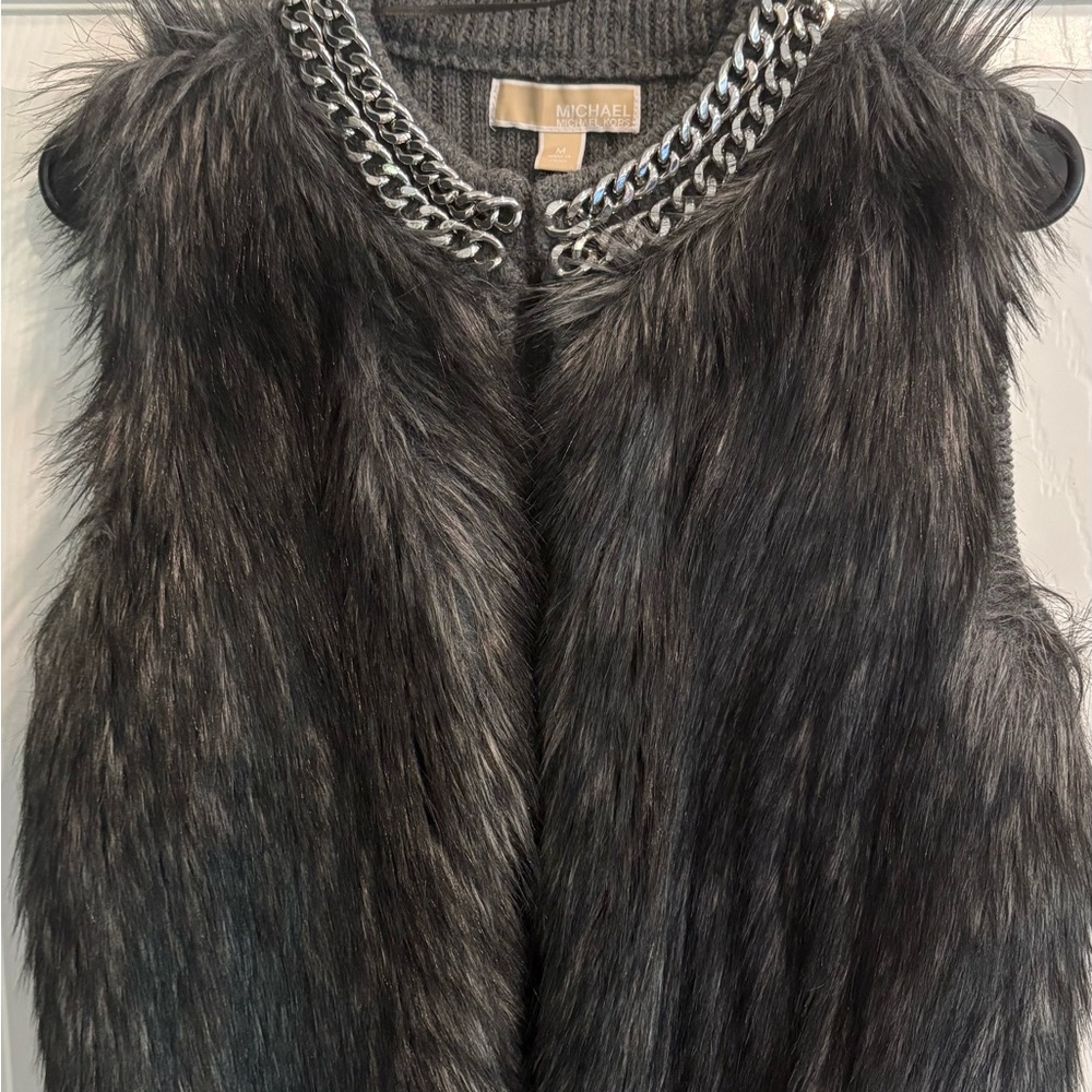 Michael Kors Charcoal Faux Fur Vest with Silver Chain Trim